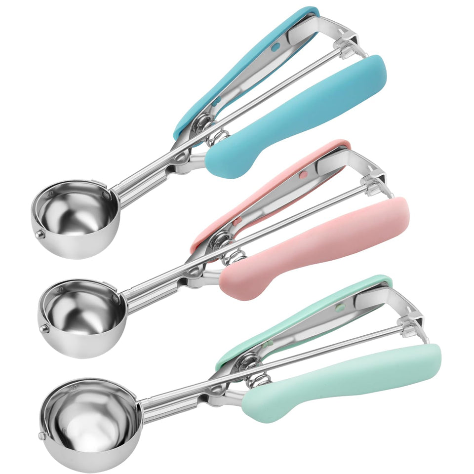 Wisvenio cookie scoop set overview with color-coded grips for quick size identification.