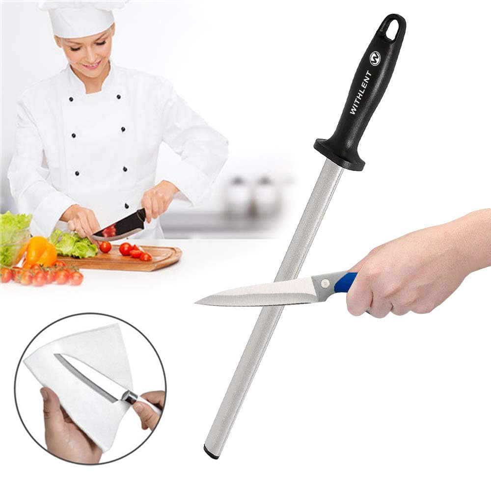 W WITHLENT 12-inch honing steel stores easily after quick wipe-down