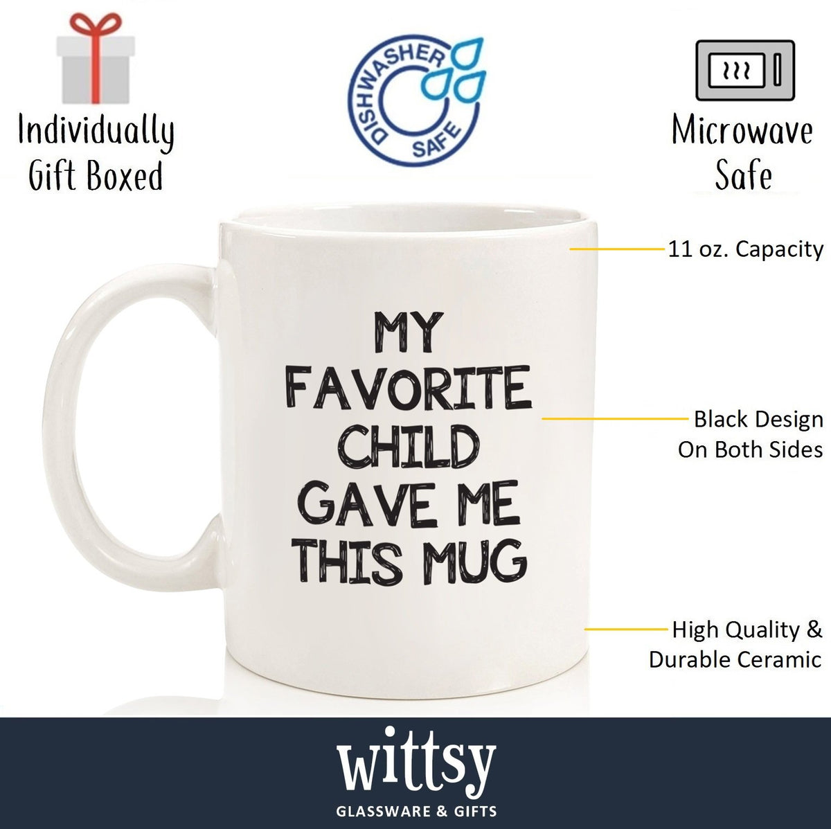 Wittsy favorite-child-mug shows design on both sides for laughs.