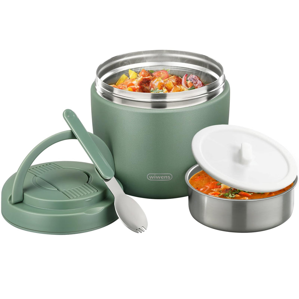 Wiwens thermo food jar exterior in green, ideal for hot meals on the go.