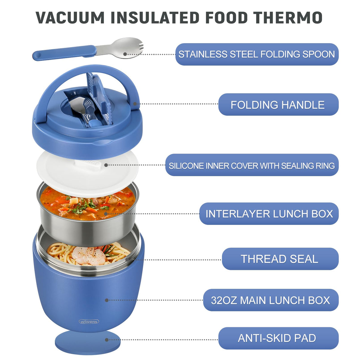 wiwens Thermo Food Jar blue lid and spoon showing built‑in eating utensil