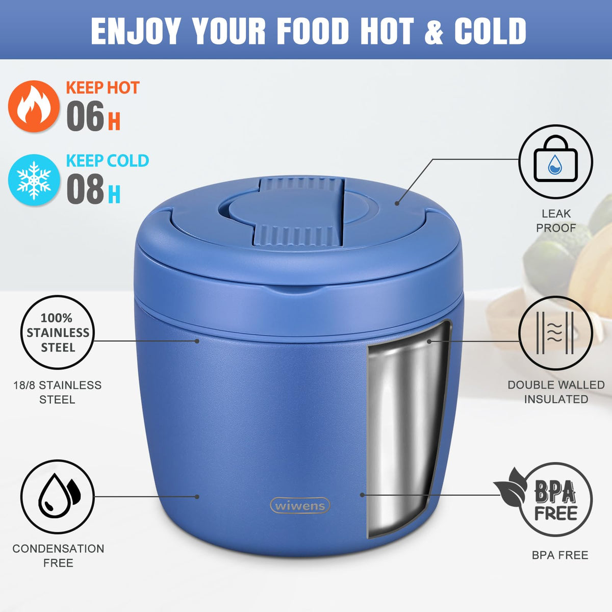 wiwens Thermo Food Jar blue wide mouth opening for easy filling and cleaning