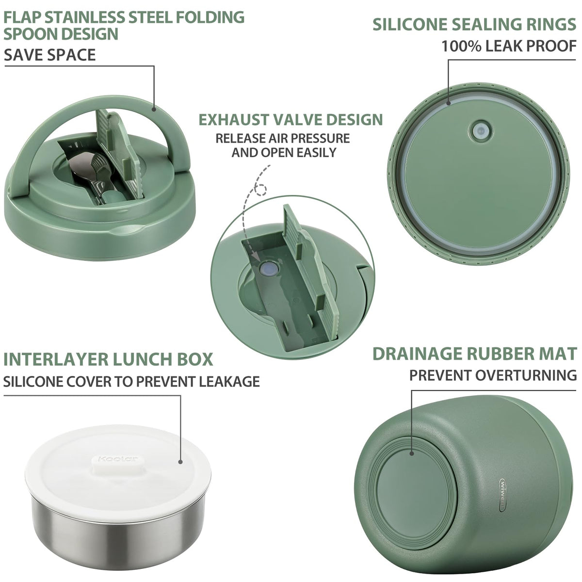 Wiwens thermo food jar hidden handle and folding spoon for easy carrying.