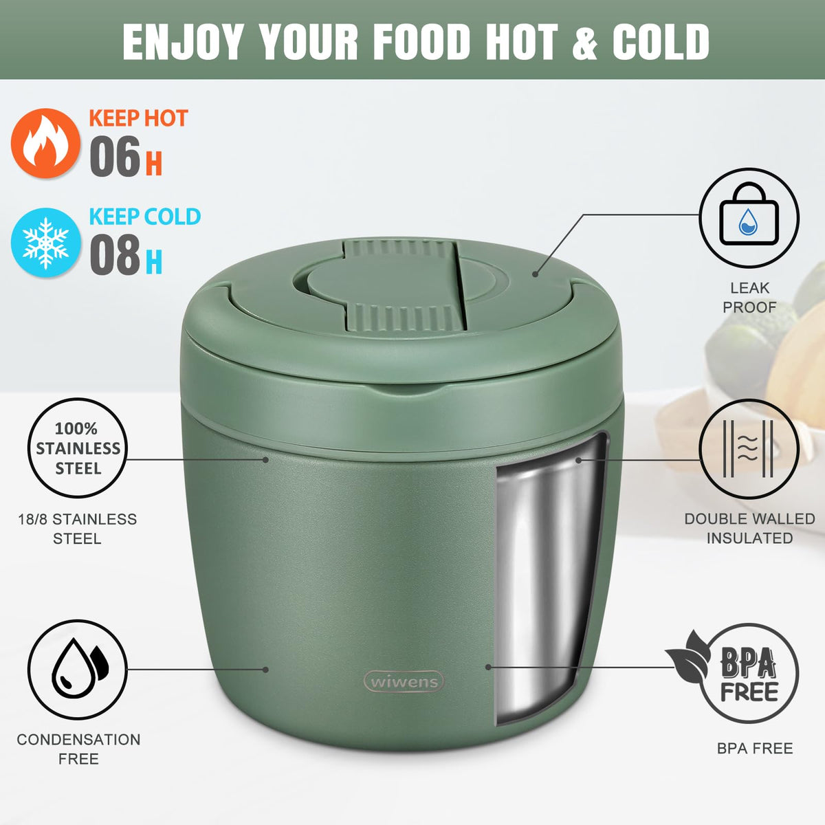 Wiwens thermo food jar leak-proof seal keeps contents safe during transport.