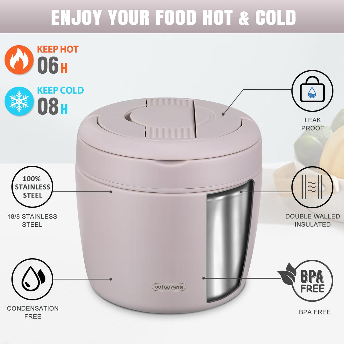 WiWens jar leak-resistant cap provides secure closure for mess-free lunches on the go.