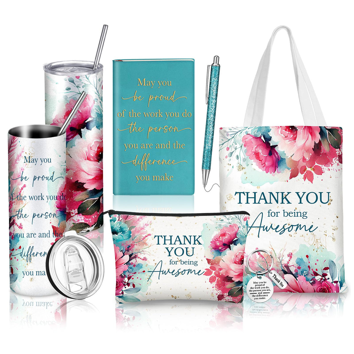 Wiwiqing thank-you tumbler with floral design keeps beverages hot or cold.