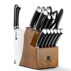 WIZEKA 15 piece knife set displayed in a wooden block for organized storage and quick access