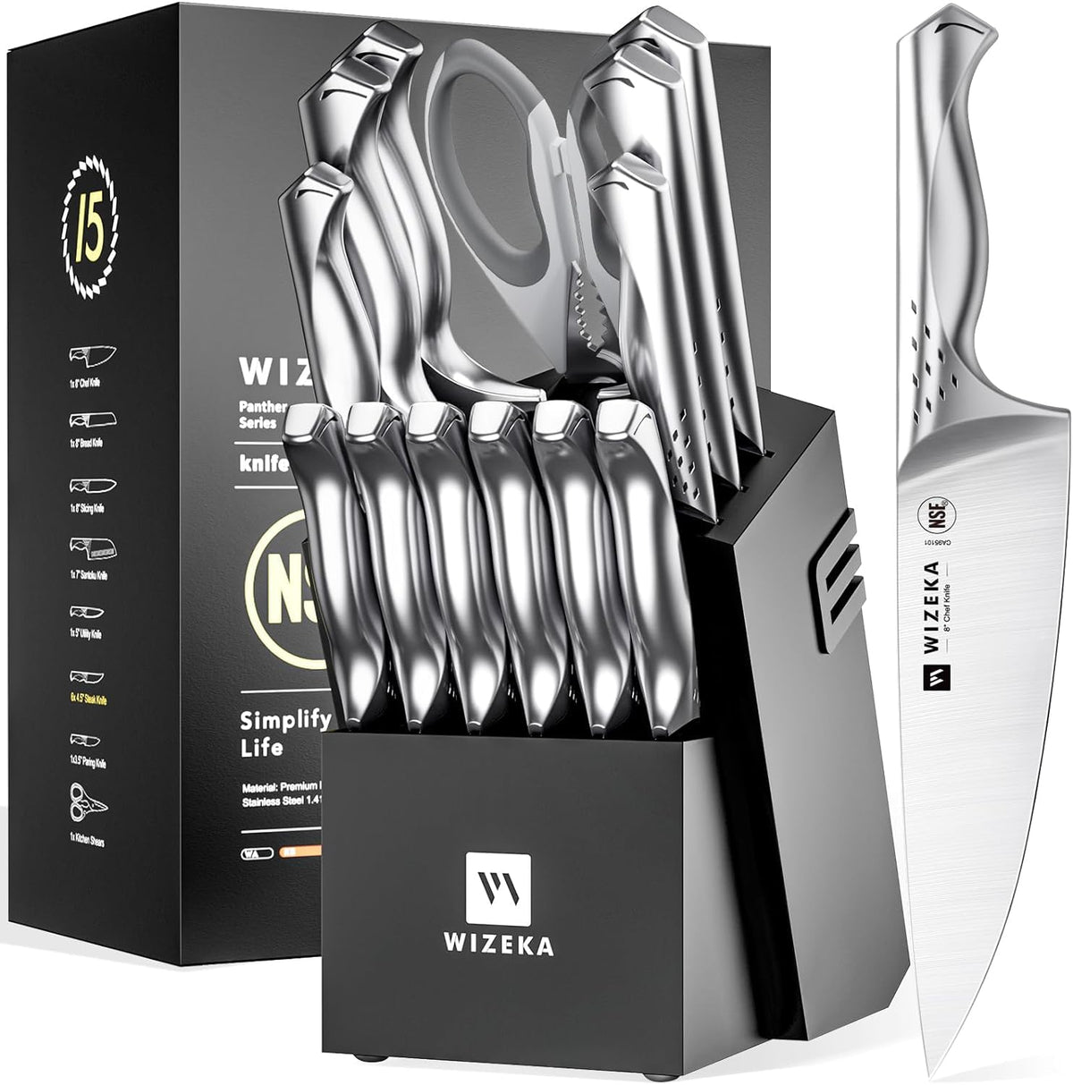 WIZEKA Jaguar Series knife-block with sharpener keeps blades organized and ready.