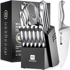 WIZEKA Jaguar Series knife-block with sharpener keeps blades organized and ready.