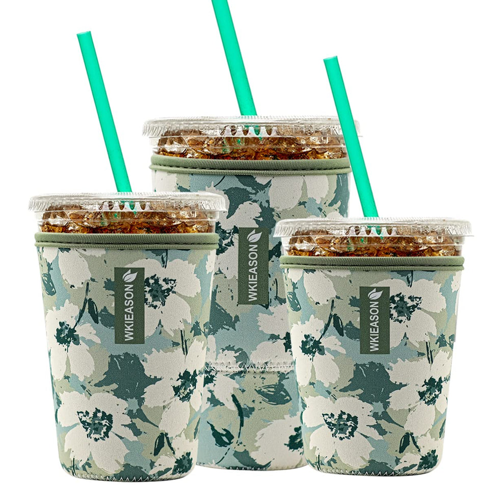 WK IEASON floral green neoprene sleeve for 16-18 oz cups keeps drinks insulated