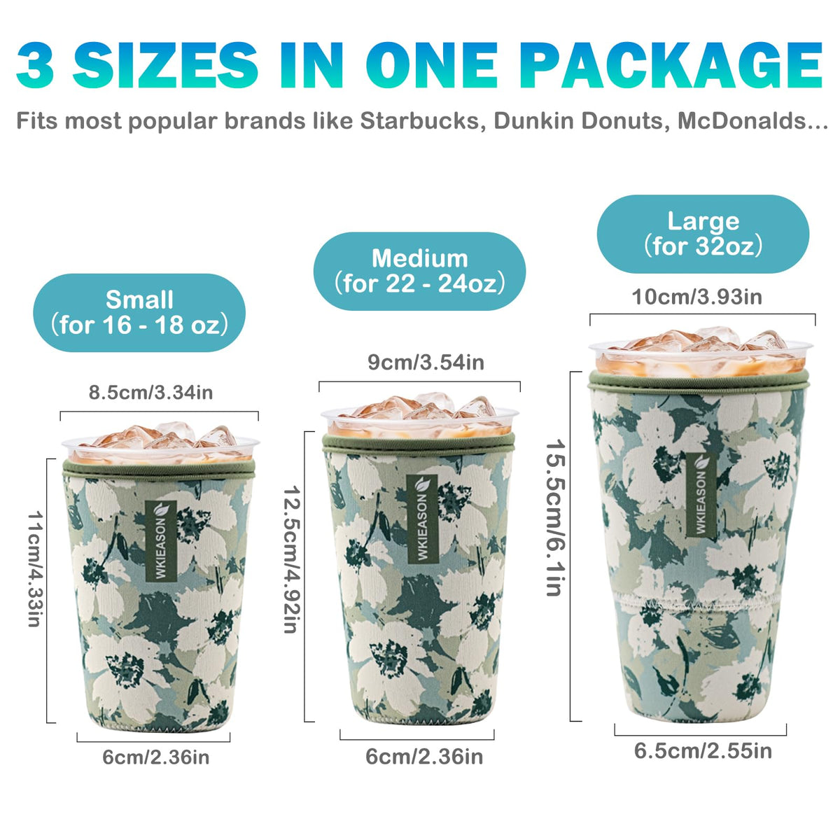 WK IEASON floral green neoprene sleeve fits 22-24 oz cups, reduces condensation