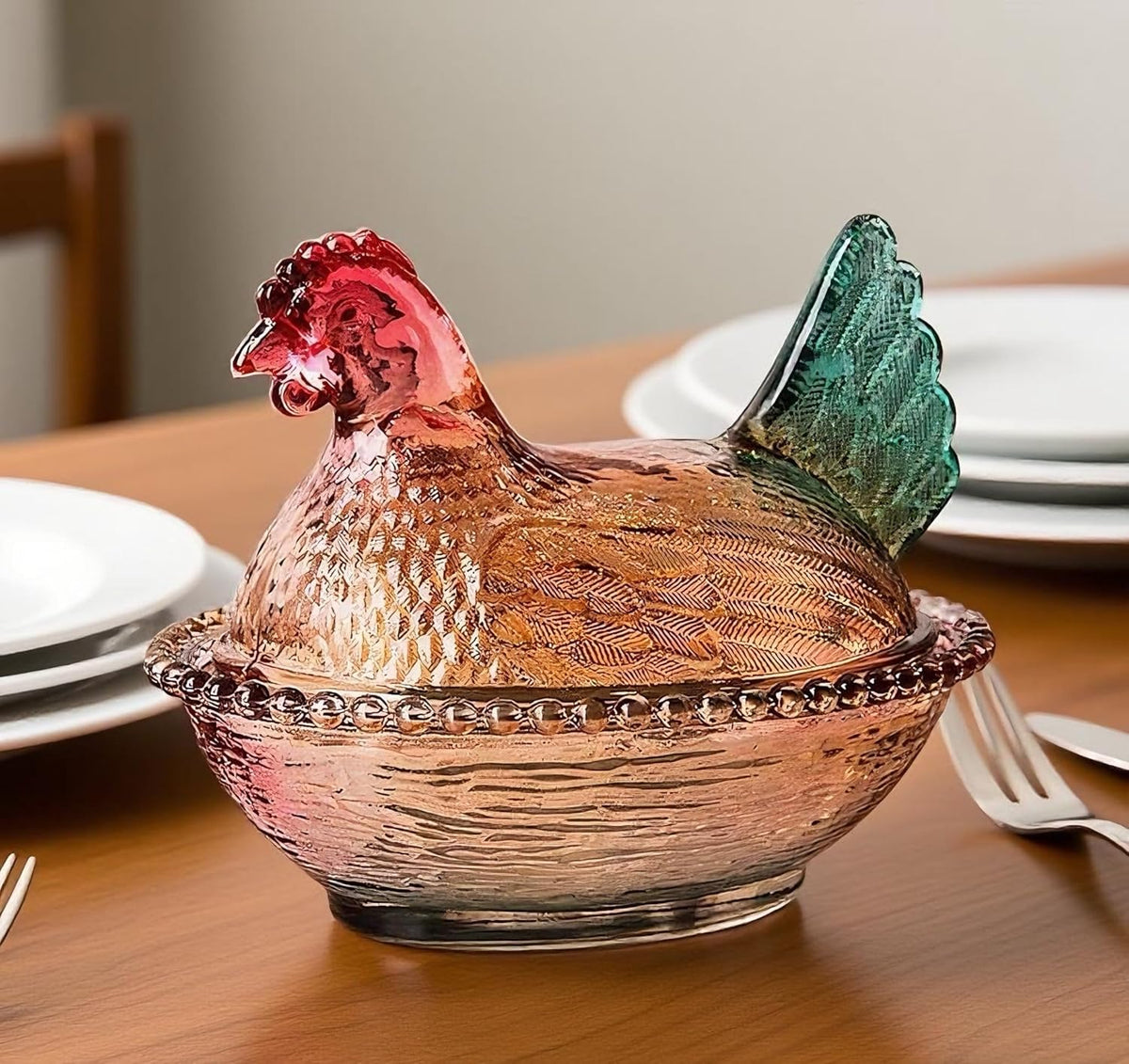 WKHOKI glass hen on nest candy dish with lid, elegant kitchen centerpiece for snacks.