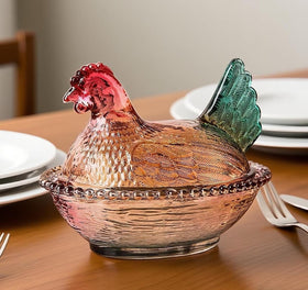 WKHOKI glass hen on nest candy dish with lid, elegant kitchen centerpiece for snacks.