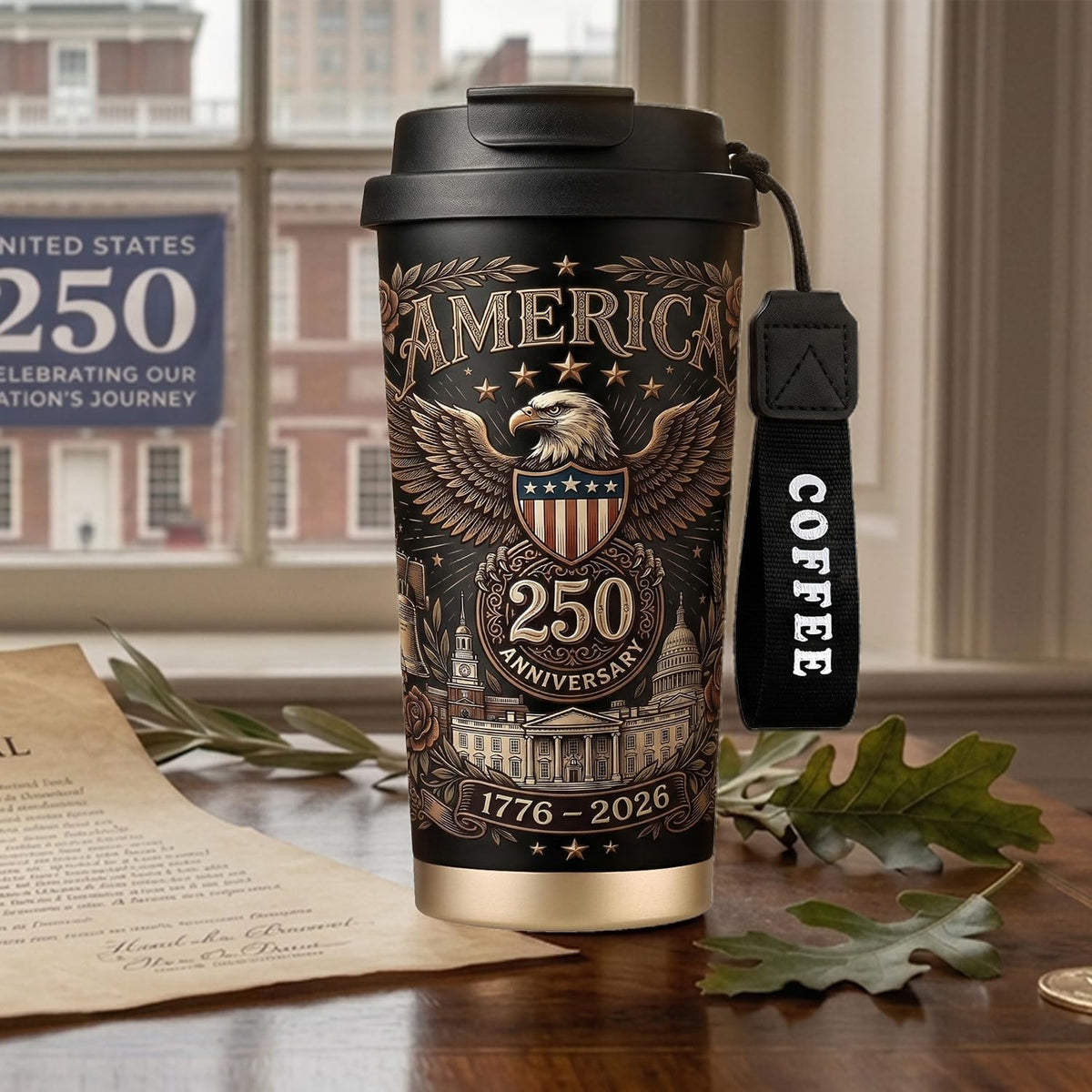 WKTML 250th Anniversary mug close-up of patriotic pattern, ideal for daily rituals.