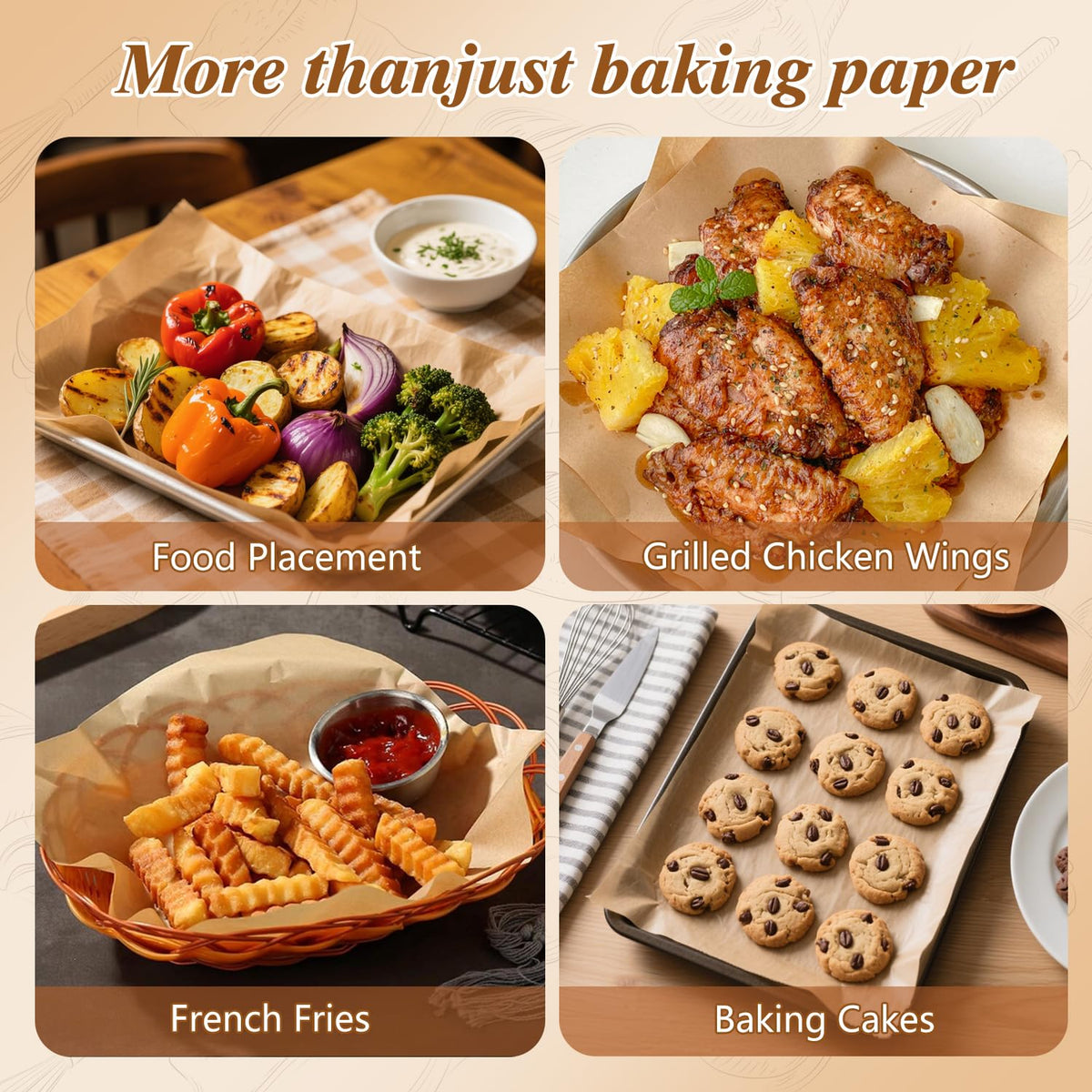 WKTML heat-resistant parchment tolerates up to 450F for versatile cooking.