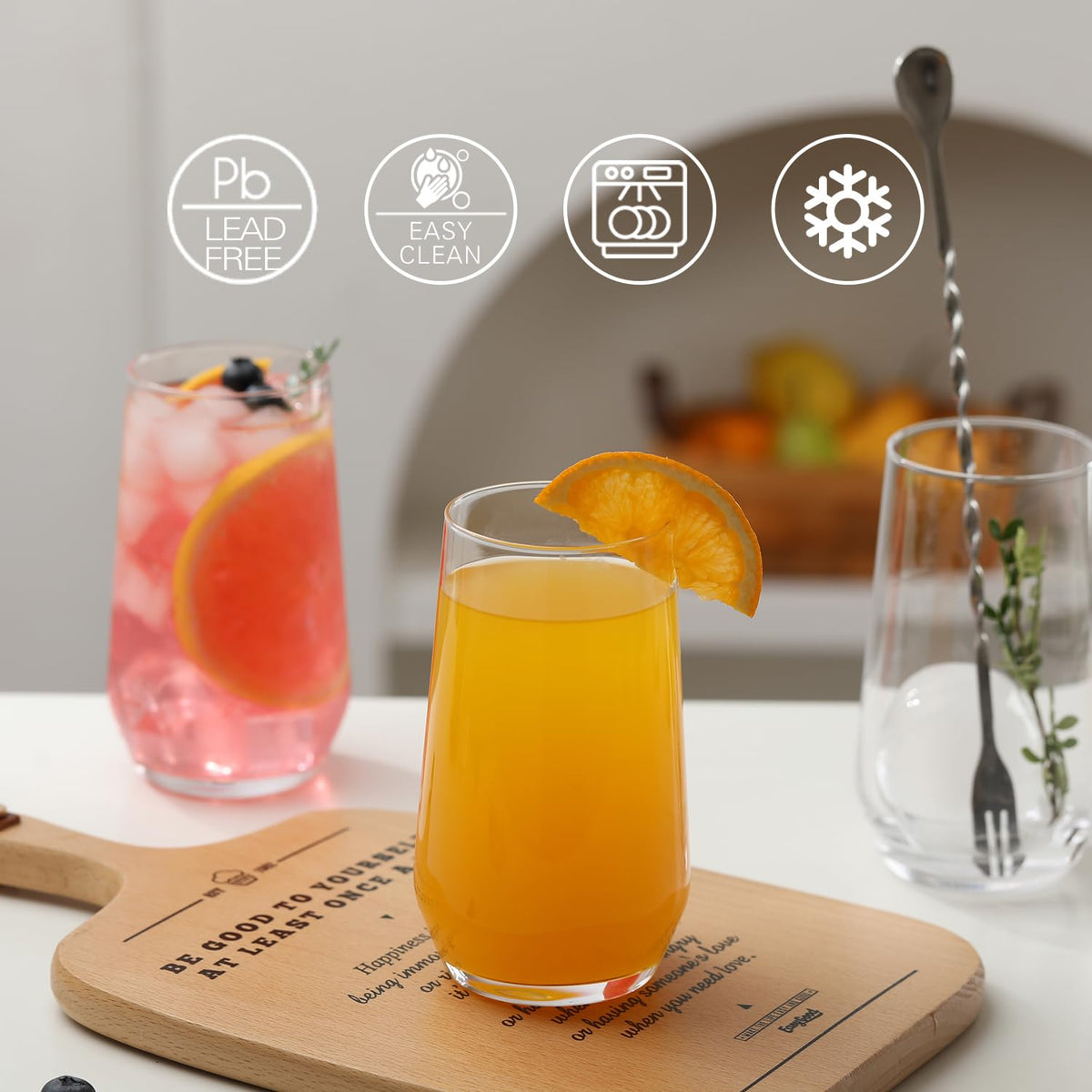 Wlasss highball glass with stable base for easy handling.