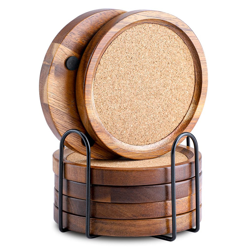 WLWNWFT acacia wood coaster set with rich grain protects tabletops from condensation