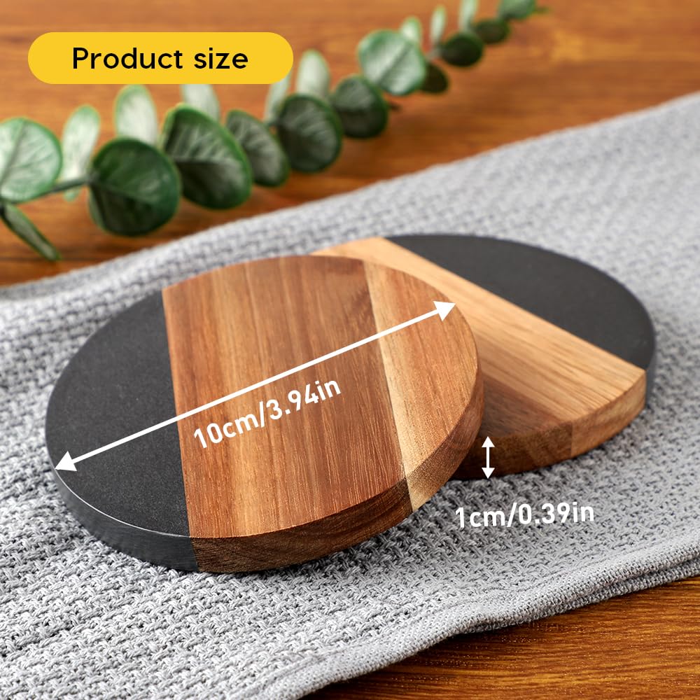 WLWNWFT Marble Acacia Coasters — four-piece set on coffee table for hot and cold drinks.