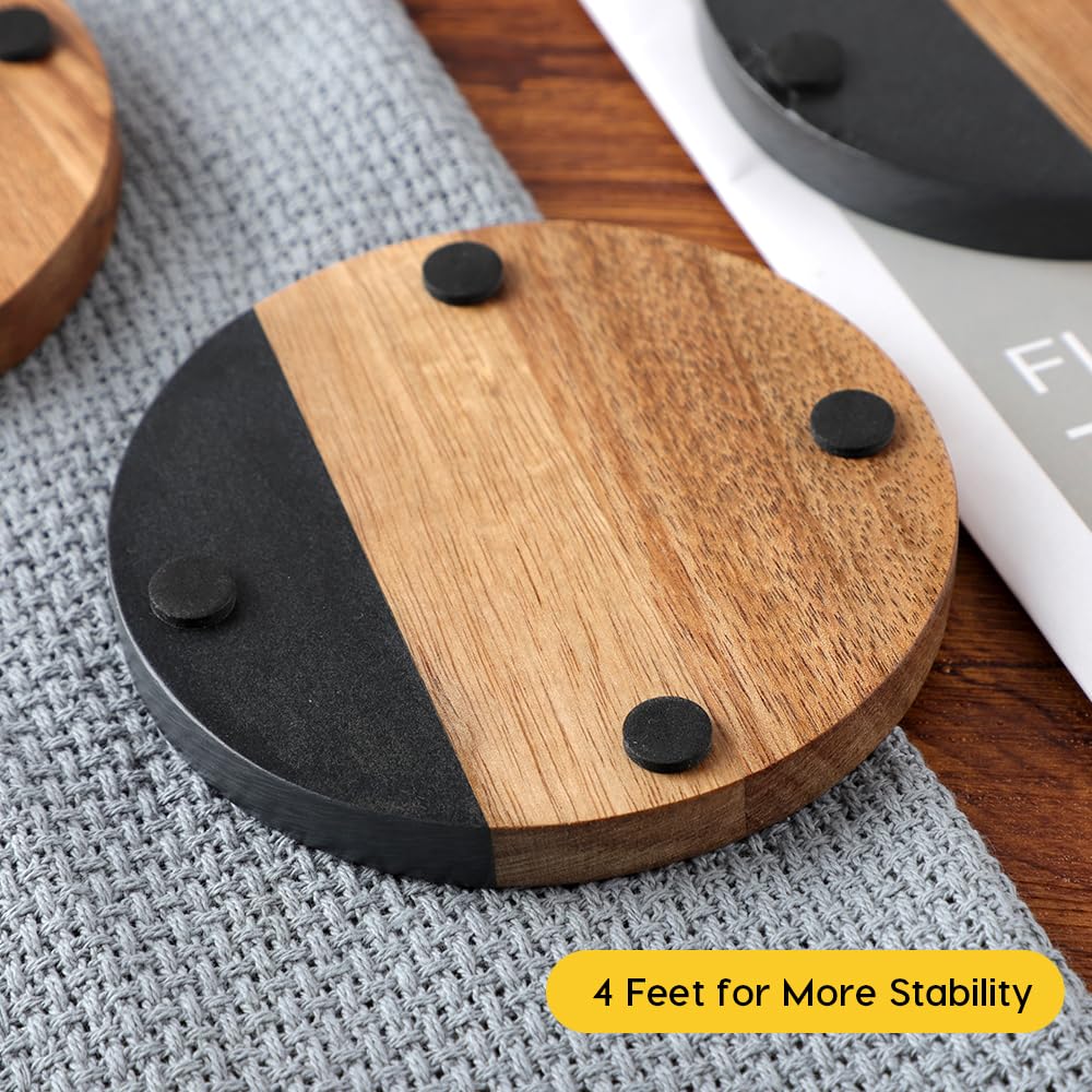 WLWNWFT Marble Acacia Coasters — elegant dining setup protecting surfaces during meals.