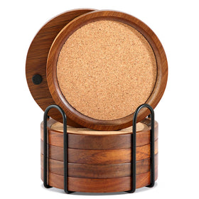 WLWNWFT wood cork coaster with holder protects surfaces from moisture and adds rustic charm.