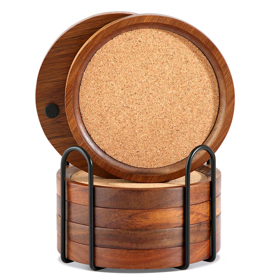 WLWNWFT wood cork coaster with holder protects surfaces from moisture and adds rustic charm.