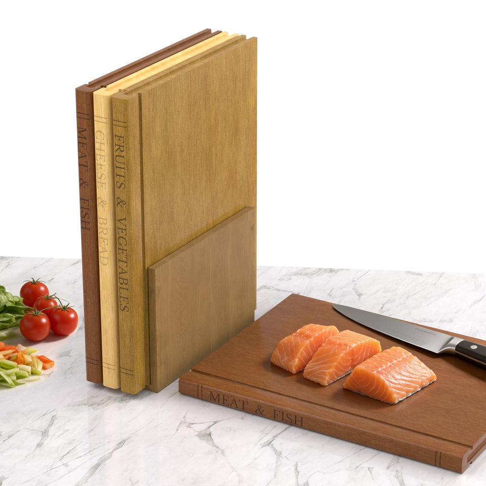 Wnfou book-cutting-board-set with stand displayed on a counter for space-saving organization