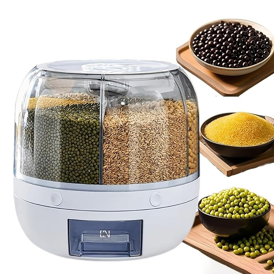 Wnnideo rotating bin with six compartments for organized grains.
