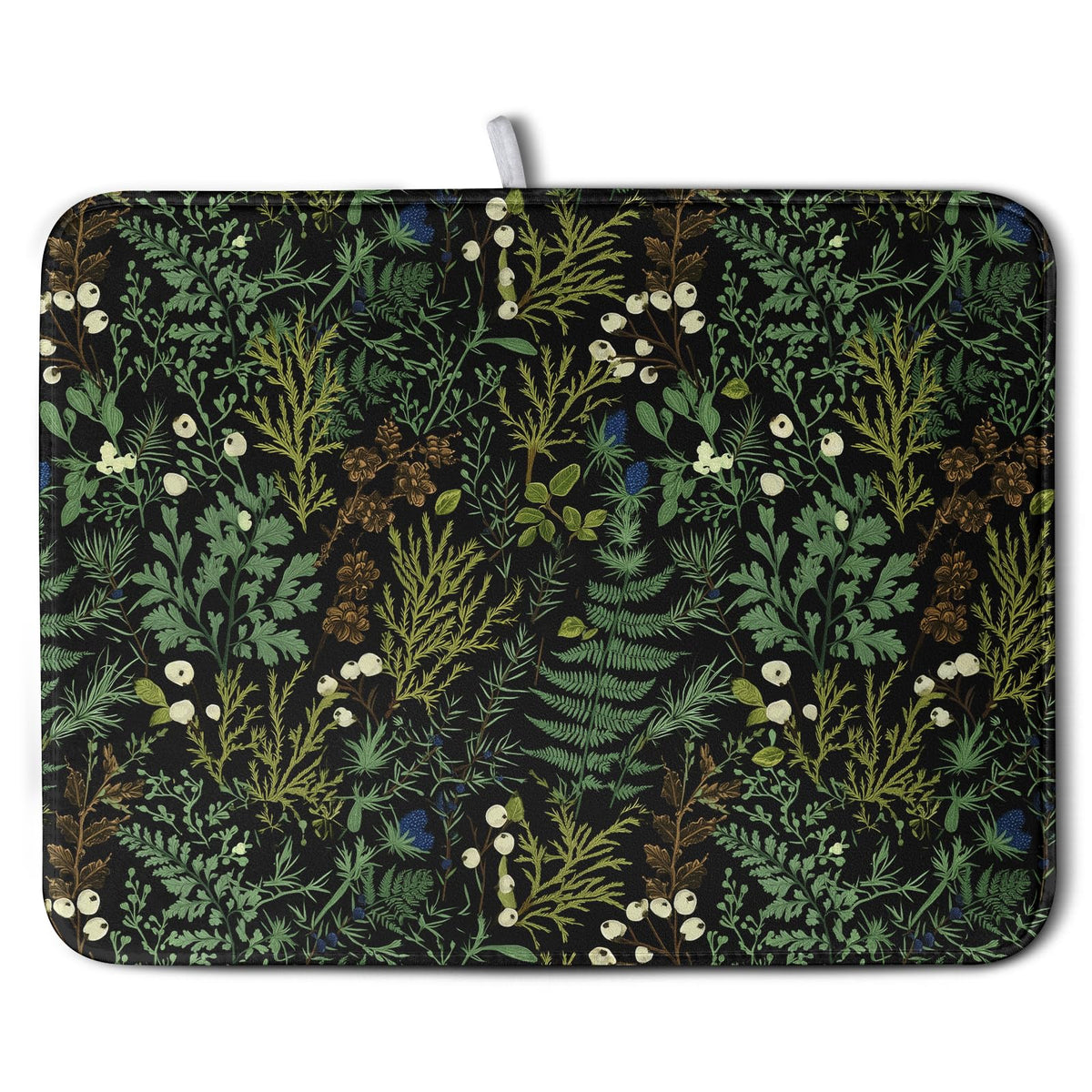 Wnoesat sage-green botanical dish drying mat with florals on a kitchen counter