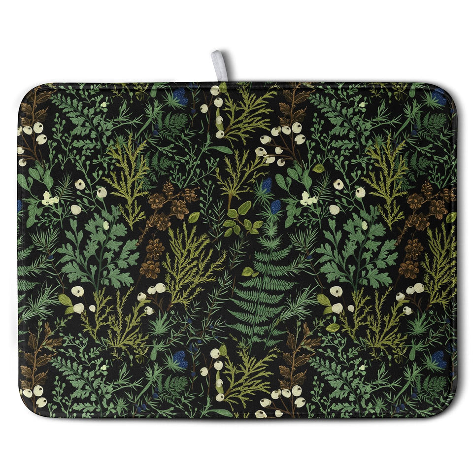 Wnoesat sage-green botanical dish drying mat with florals on a kitchen counter