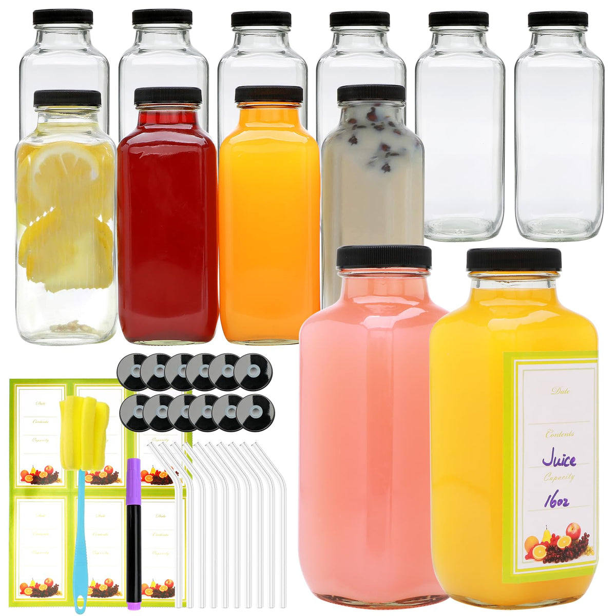 Woaiwo-q 12-pack glass bottle with lid for juice and smoothies on the go.
