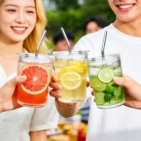 Woaiwo-q 6-pack ribbed glass cups for hot and cold beverages.