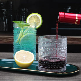 Woaiwo-q embossed glassware closeup emphasizes the hobnail texture and presentation