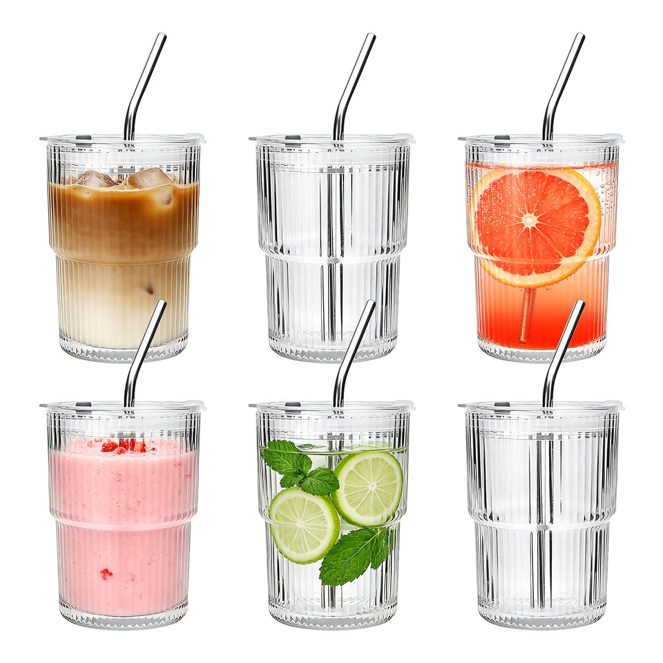 Woaiwo-q ribbed glass tumbler 13oz with lid for spill-free iced coffee.