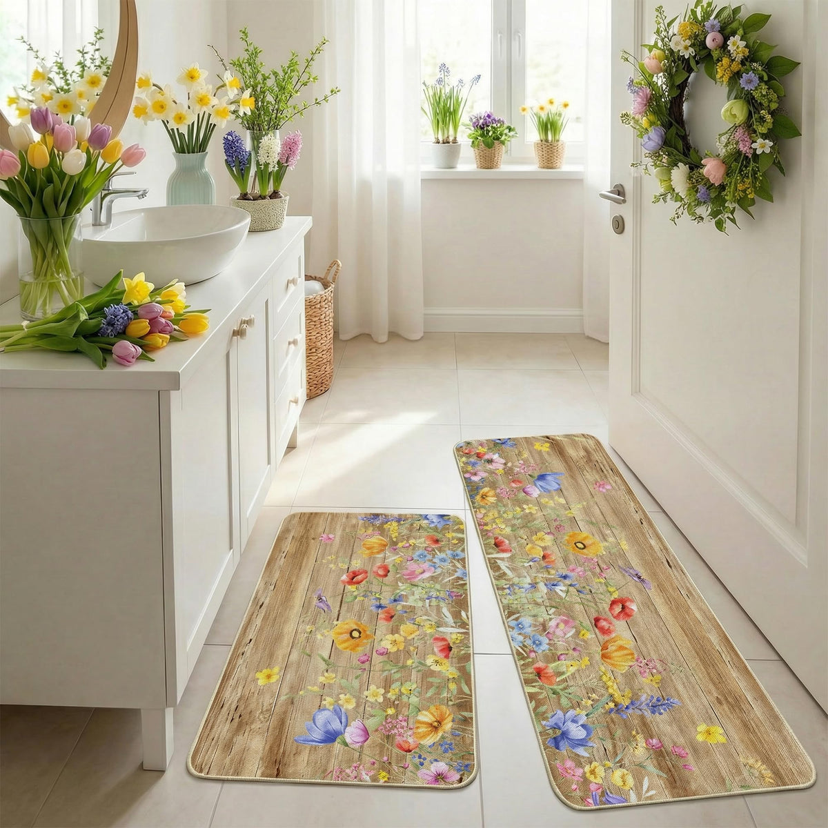 woaoce spring floral kitchen rug 17x47 rubber back shows non-slip grip