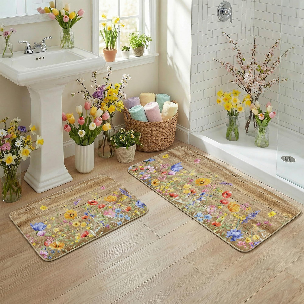 woaoce spring floral kitchen rug colorful print close-up fade-resistant colors