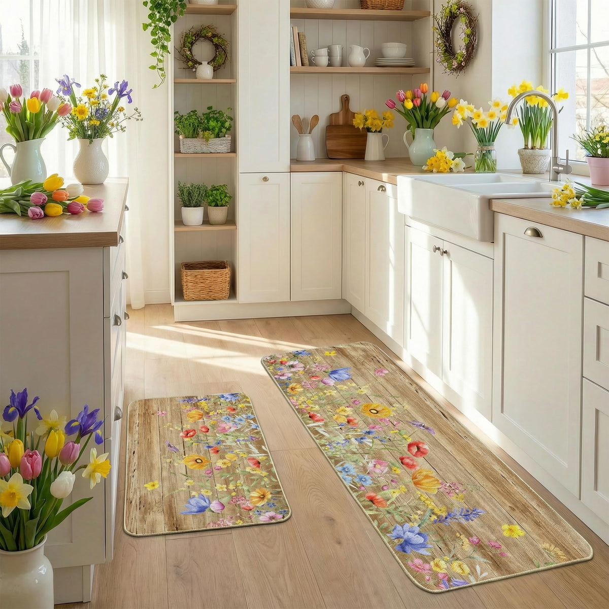 woaoce spring floral kitchen rug wooden decor scene in cozy kitchen