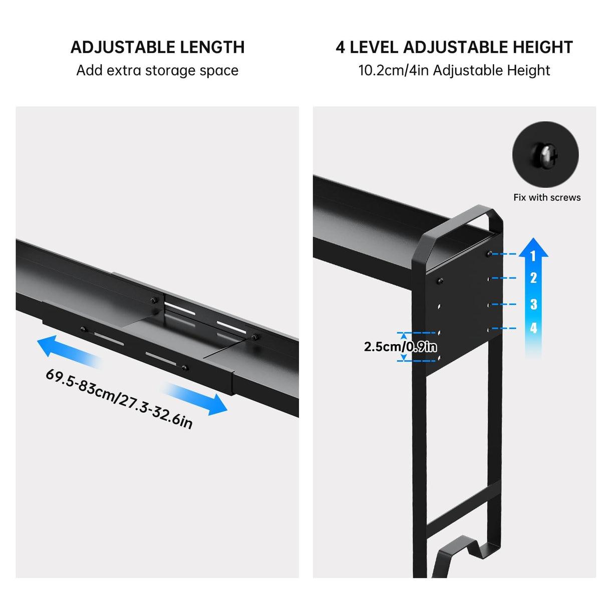 WOCHUANGSI expandable length stove shelf adapts from 27 to 32 inches.