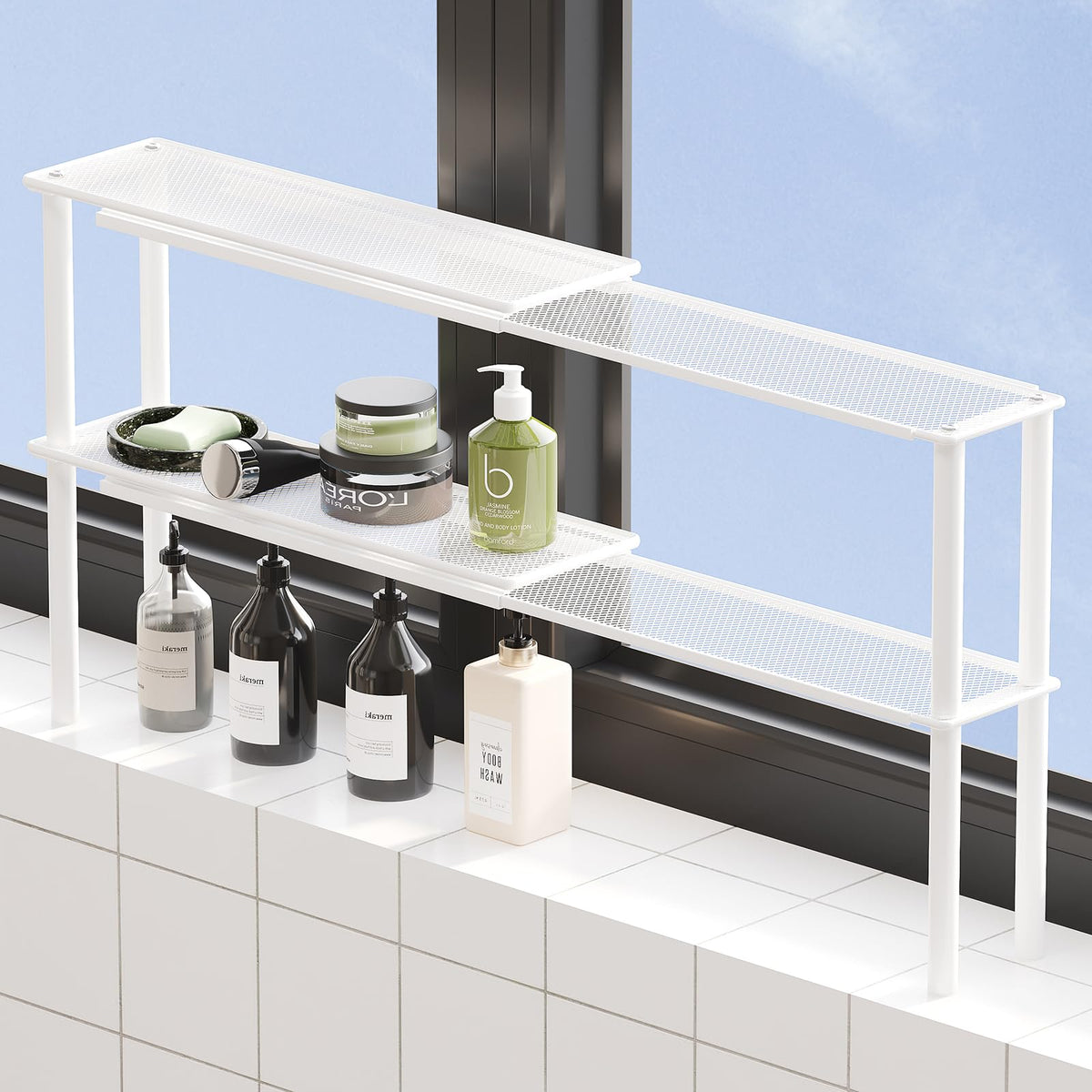 WOCHUANGSI expandable window shelf closeup of mesh detail and joints.