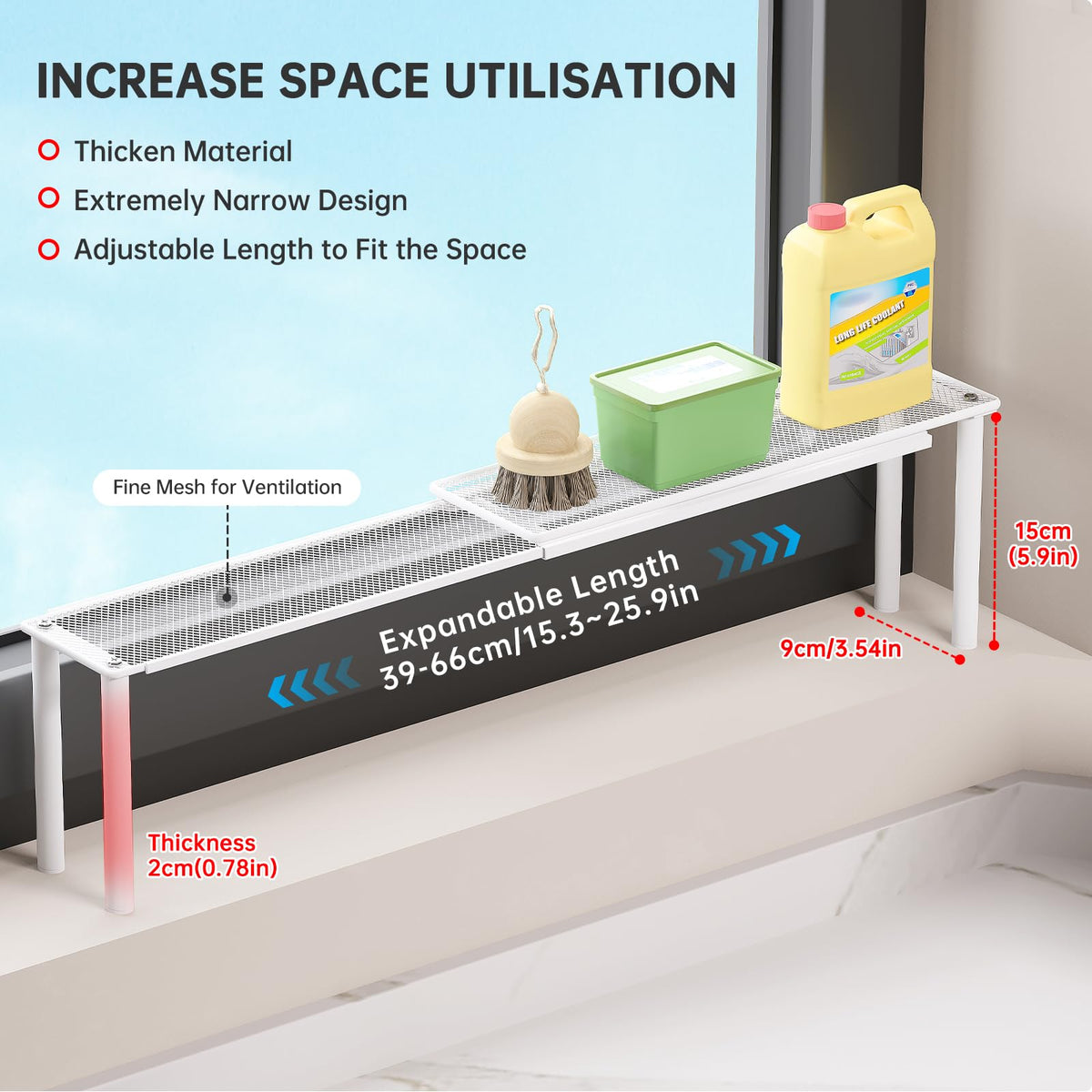 WOCHUANGSI expandable window shelf mesh construction emphasizes sturdy iron frame and modern look.