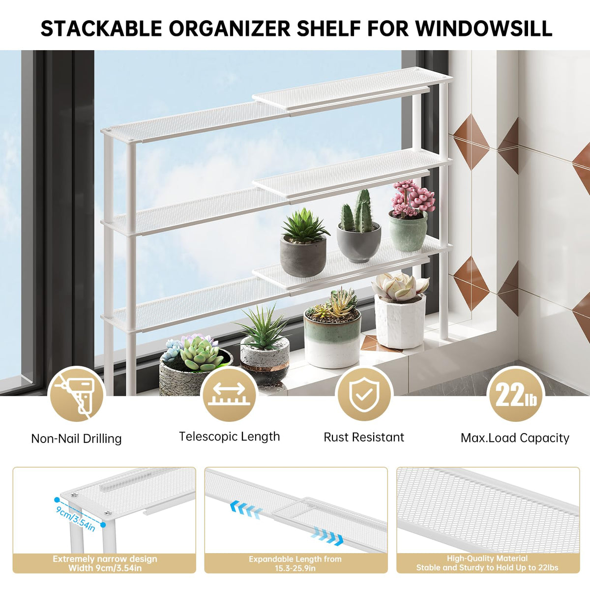 WOCHUANGSI expandable window shelf stackable design helps create vertical storage.