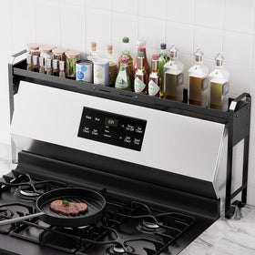 WOCHUANGSI over-stove spice rack demonstrates compact fit for organized spice storage above the stove.