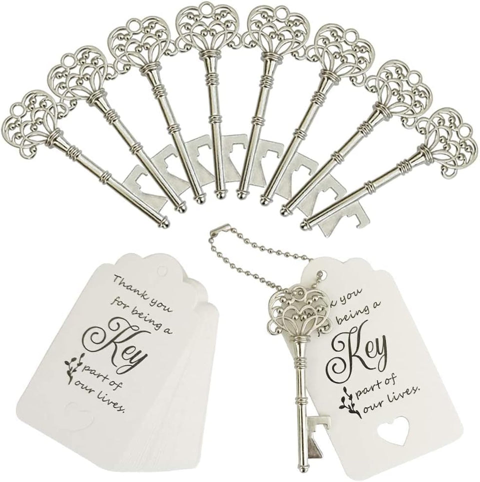 WODEGIFT skeleton key bottle opener in silver finish, a timeless wedding favor idea.
