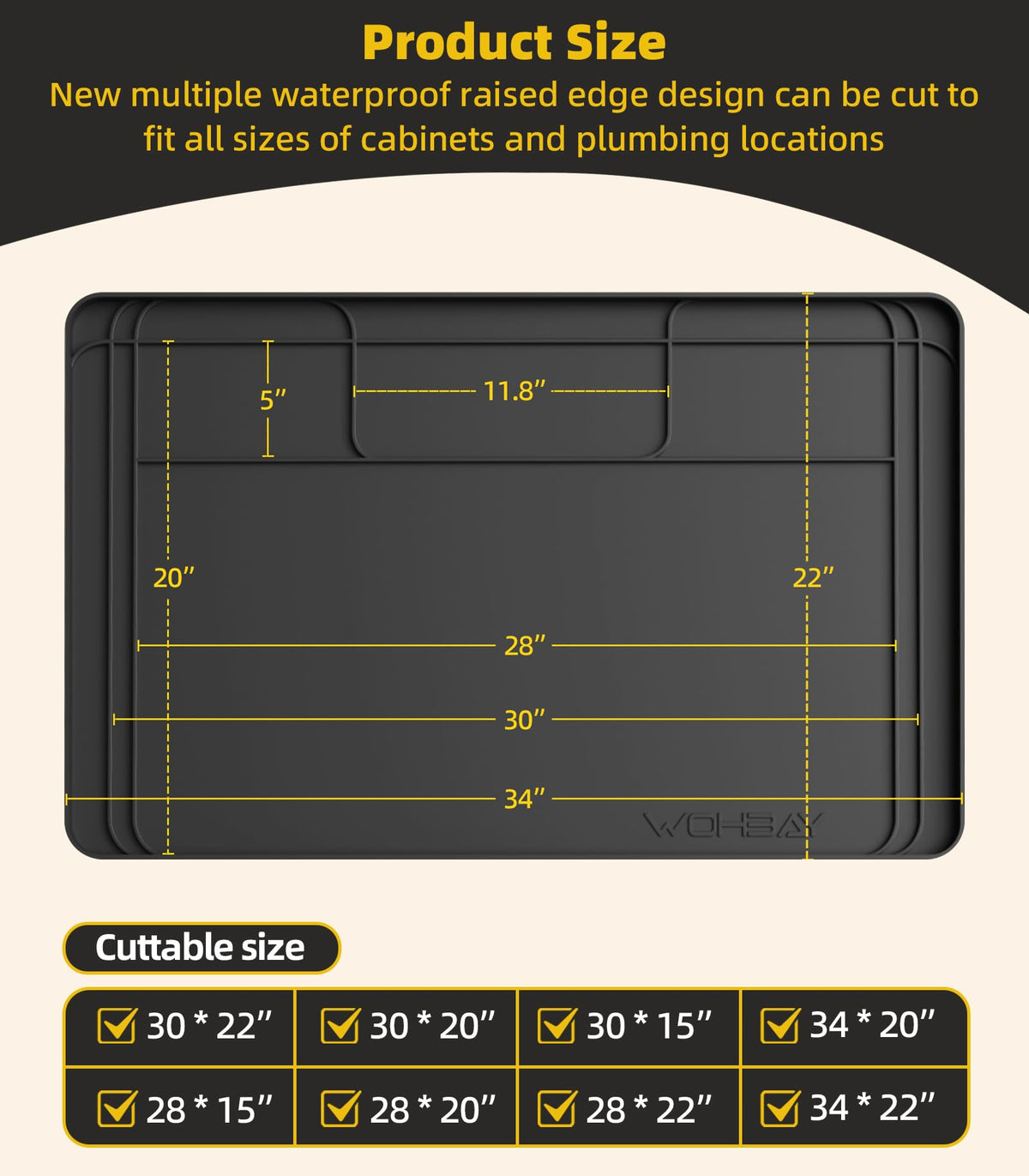 Wohbay raised-edge drip tray catches drips under sinks.