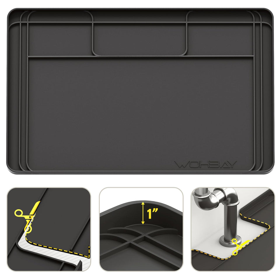 Wohbay under-sink mat showing trim-to-fit capability for neat cabinets.