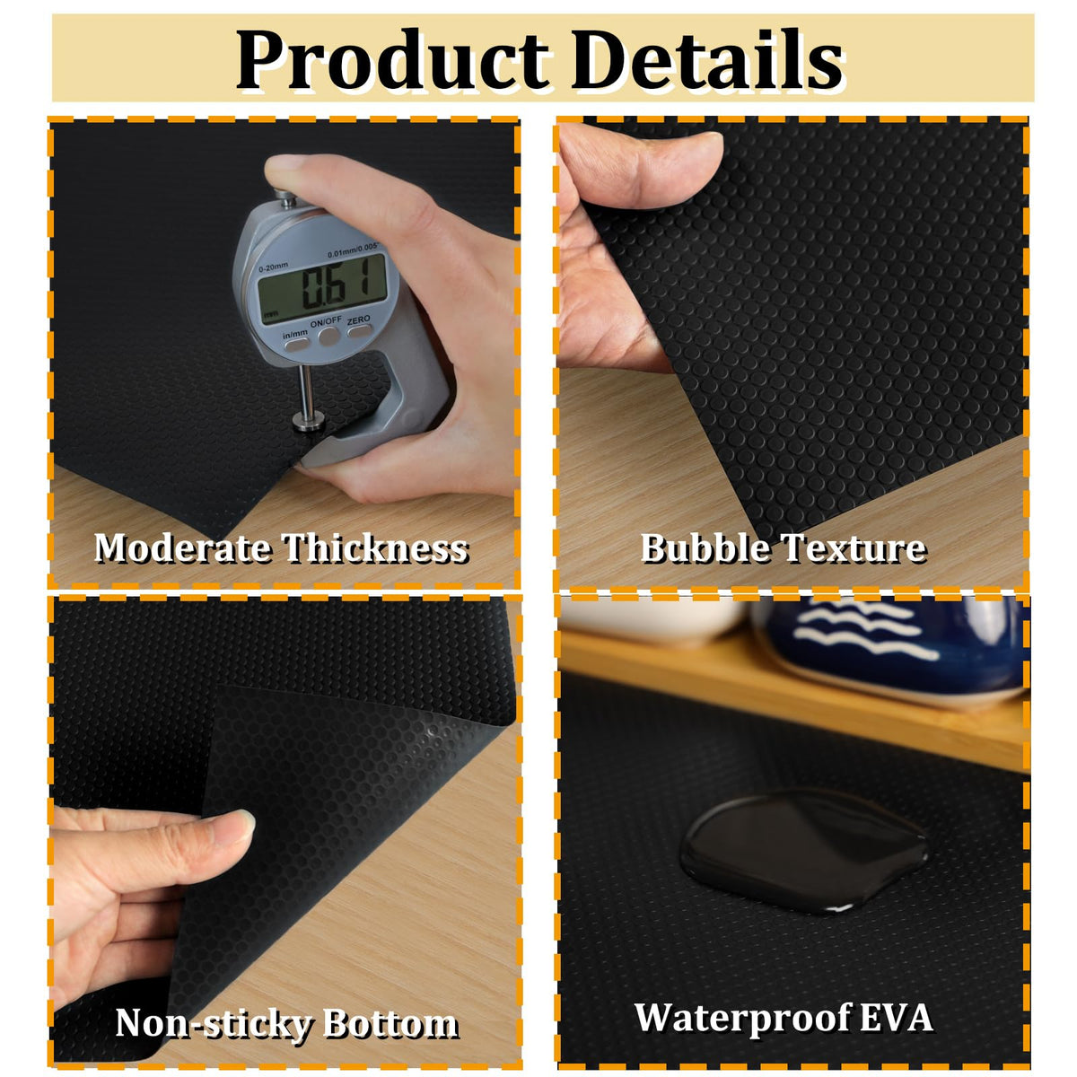 wohomuke shelf liner showing dots-side anti-slip detail in use.