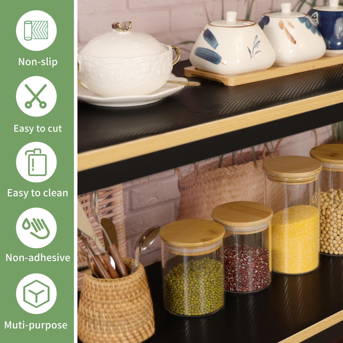 wohomuke black cabinet liner protects shelves in kitchen and pantry.
