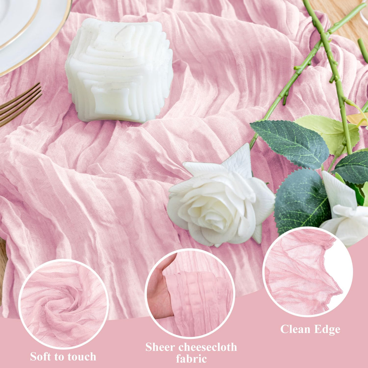 Wokceer pink cheesecloth runner on dining table creates elegant ambience