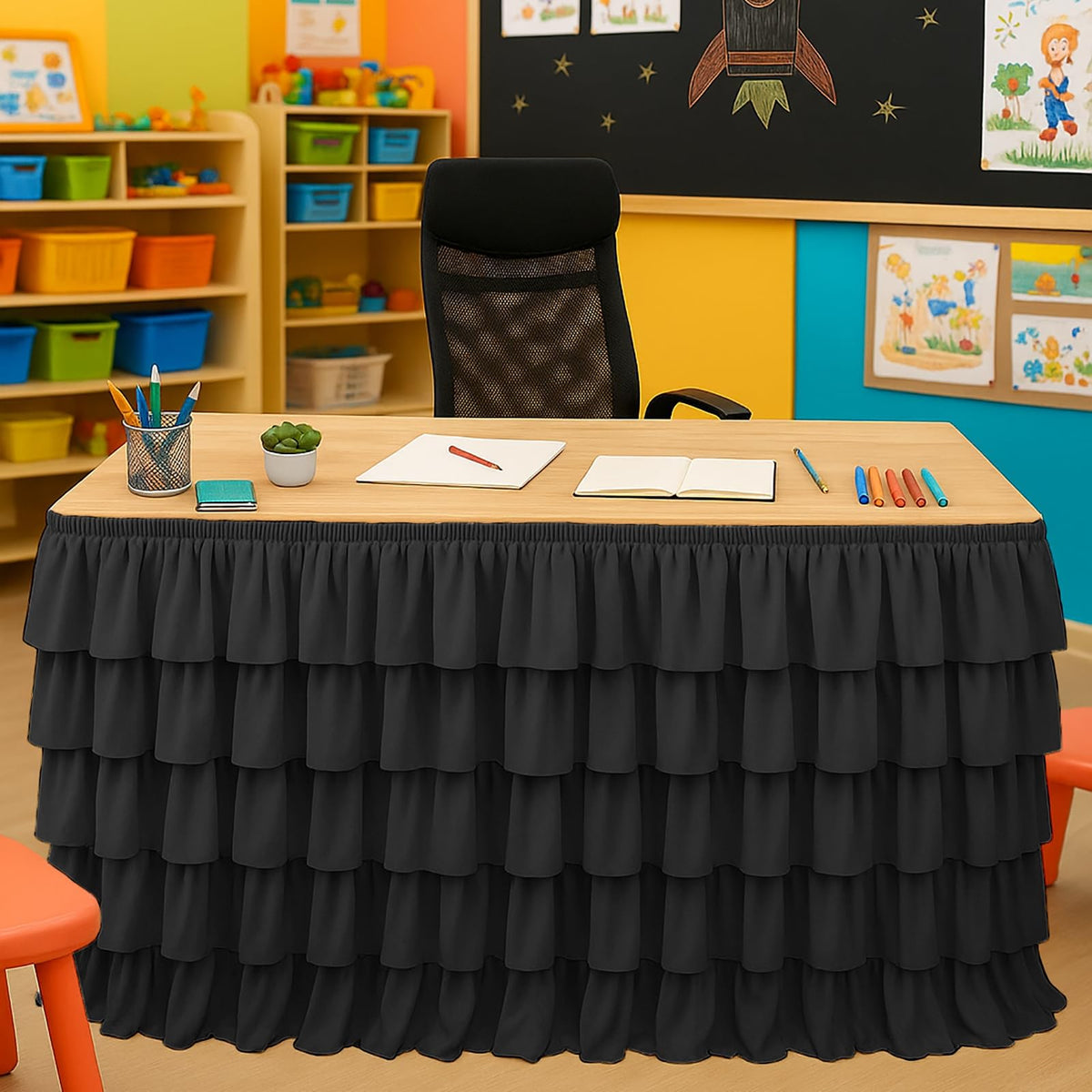 Wokuaile black table skirt 6ft on a classroom desk adds polished class decor