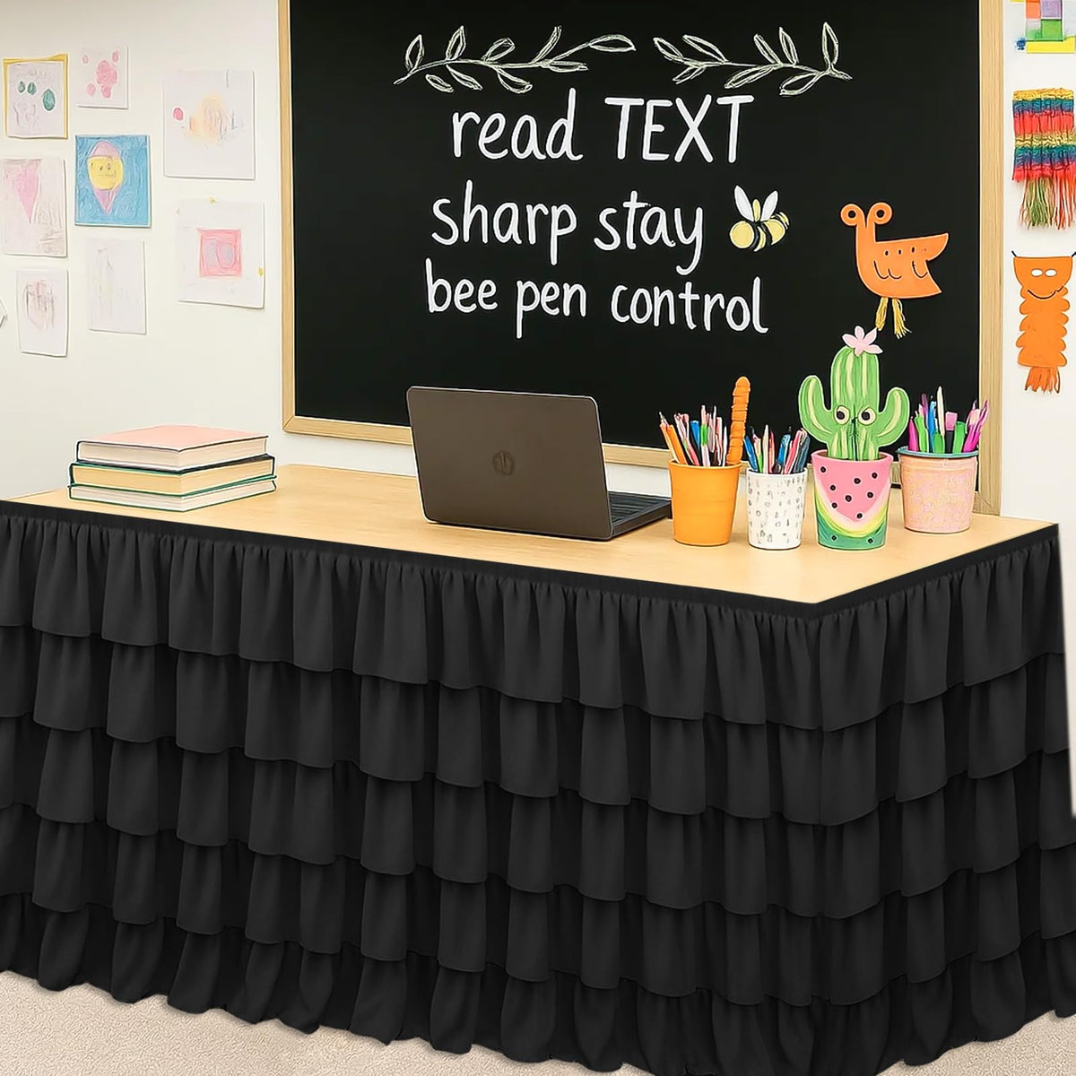 Wrinkle-resistant drape creates a neat desk backdrop for events