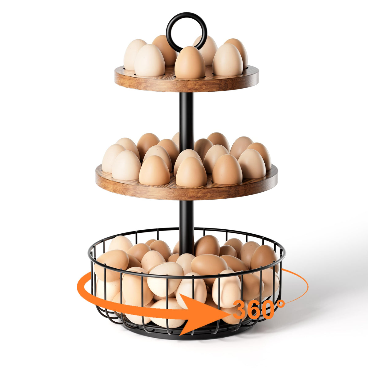 Wolera 3-tier rotating egg holder with wooden trays keeps eggs organized and accessible.
